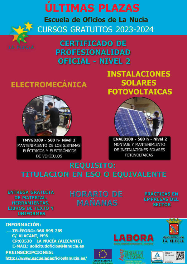 Últimas plazas para los cursos de Electromecánica y Fotovoltaica para desempleados