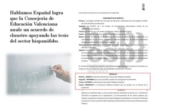 Hablamos Español logra que la Consejería de Educación Valenciana anule un acuerdo de claustro apoyando las tesis del sector hispanófobo.