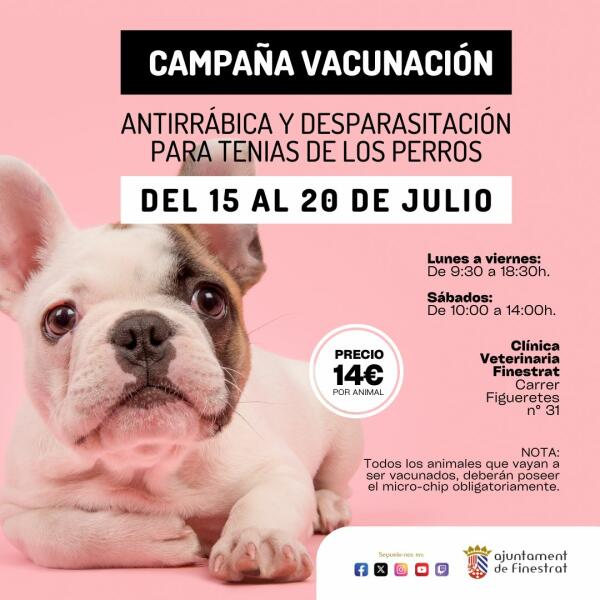 EMPIEZA EN FINESTRAT LA CAMPAÑA DE VACUNACIÓN ANTIRRÁBICA Y DESPARASITACIÓN PARA PERROS DEL 15 AL 20 DE JULIO