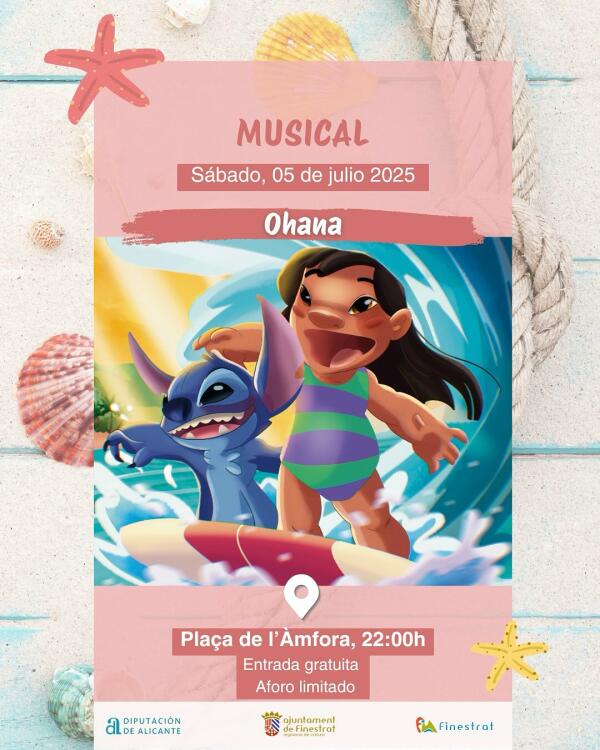 ESTE SÁBADO 5 DE JULIO LLEGA A LA CALA DE FINESTRAT  EL MUSICAL “OHANA” INSPIRADO EN LA CONOCIDA PELÍCULA DE DISNEY “LILO & STITCH”