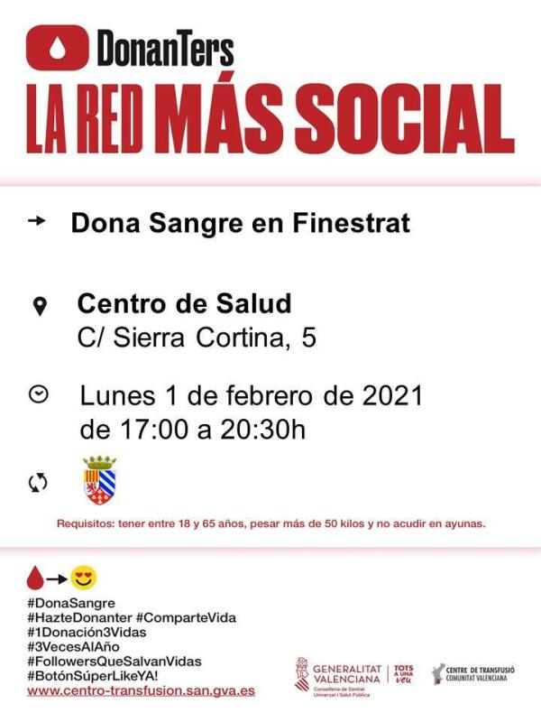 EL CONSULTORIO MÉDICO DE FINESTRAT ACOGE ESTE LUNES, 1 DE FEBRERO, LA PRIMERA JORNADA DE DONACIÓN DE SANGRE DE 2021 