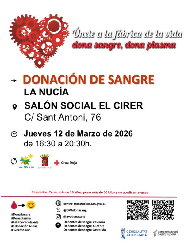 El pr&oacute;ximo jueves 12 de marzo nueva donaci&oacute;n de sangre en La Nuc&iacute;a 