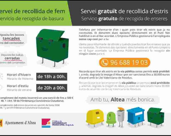 Altea // Desde la PDM recuerdan tirar la basura a partir de las 20.00 horas en verano 