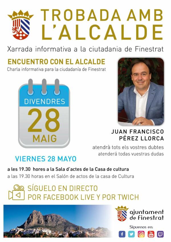 MAÑANA SE CELEBRA LA CHARLA DEL ALCALDE PARA ESCUCHAR LAS PROPUESTAS DE LA CIUDADANÍA Y TRABAJAR CONJUNTAMENTE POR MEJORAR FINESTRAT