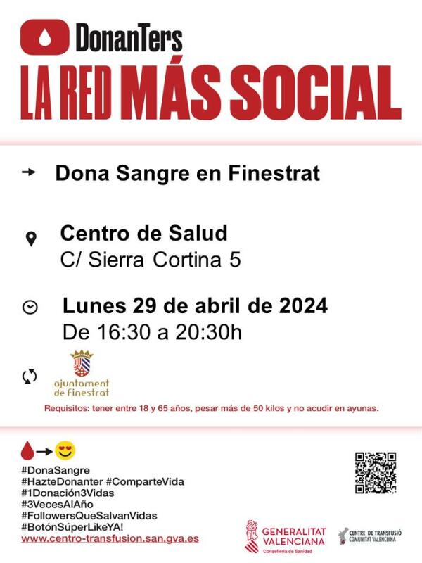 EL LUNES 29 DE ABRIL FINESTRAT ACOGE UNA NUEVA JORNADA DE DONACIÓN DE SANGRE 