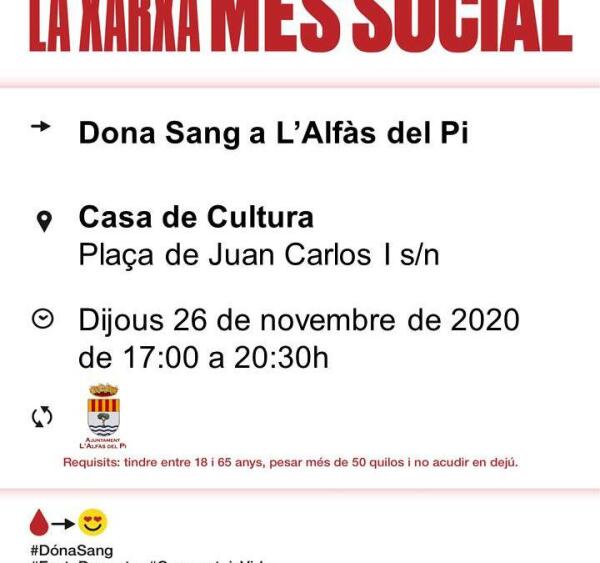 El jueves 26 de noviembre puedes donar sangre en la Casa de Cultura de l’Alfàs