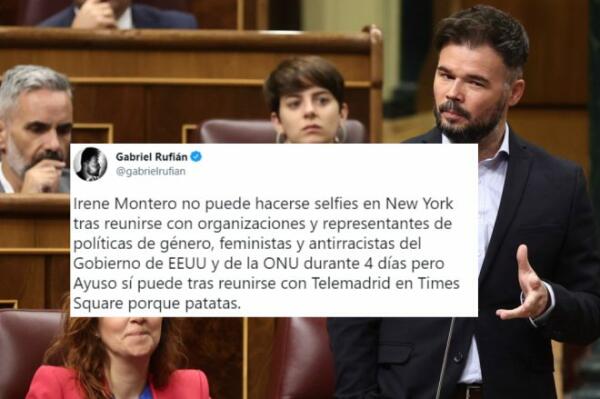 La comparación de Gabriel Rufián sobre el viaje de Irene Montero a Estados Unidos y el de Isabel Díaz Ayuso