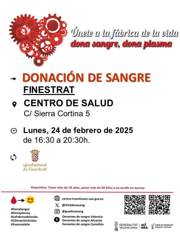 EL LUNES 24 DE FEBERO, PRIMERA DONACIÓN DE SANGRE DE 2025 EN FINESTRAT 