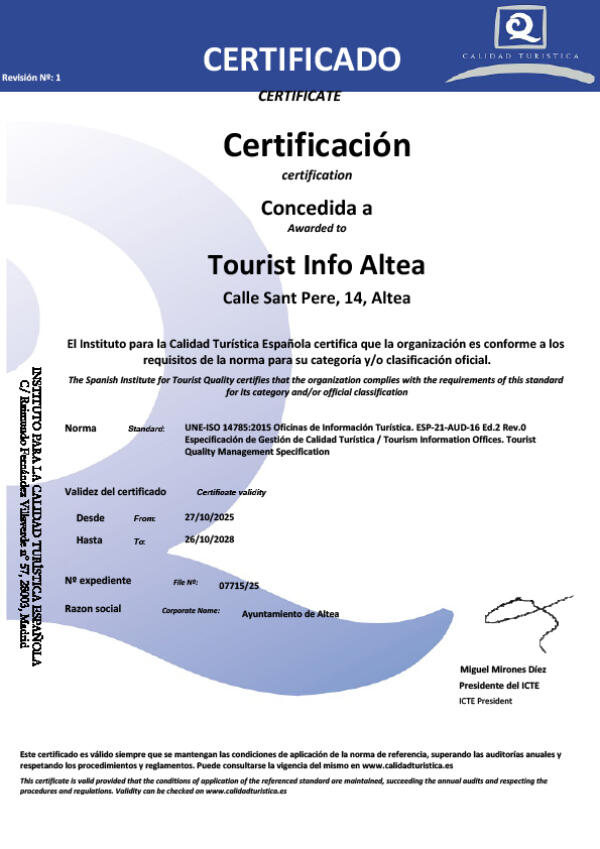 La Tourist Info Altea sigue sumando certificaciones