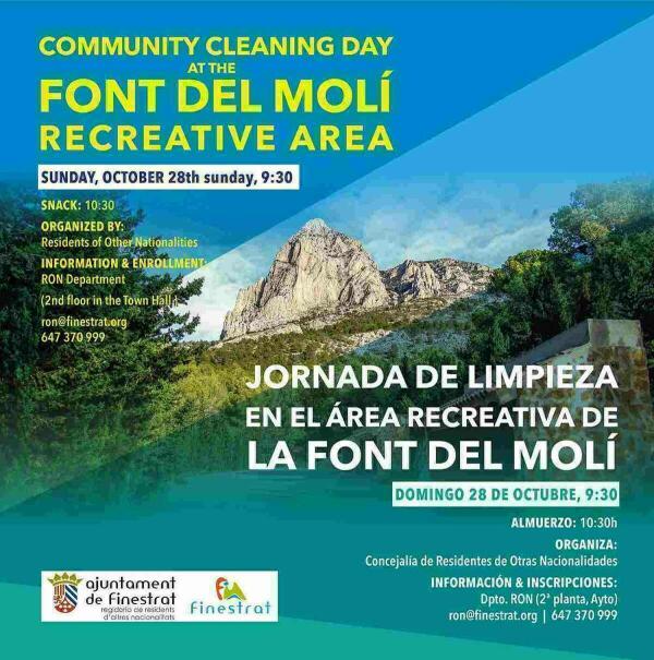 Finestrat organiza  una jornada de limpieza medioambiental en el &aacute;rea recreativa de la font del mol&iacute; para el domingo 28 