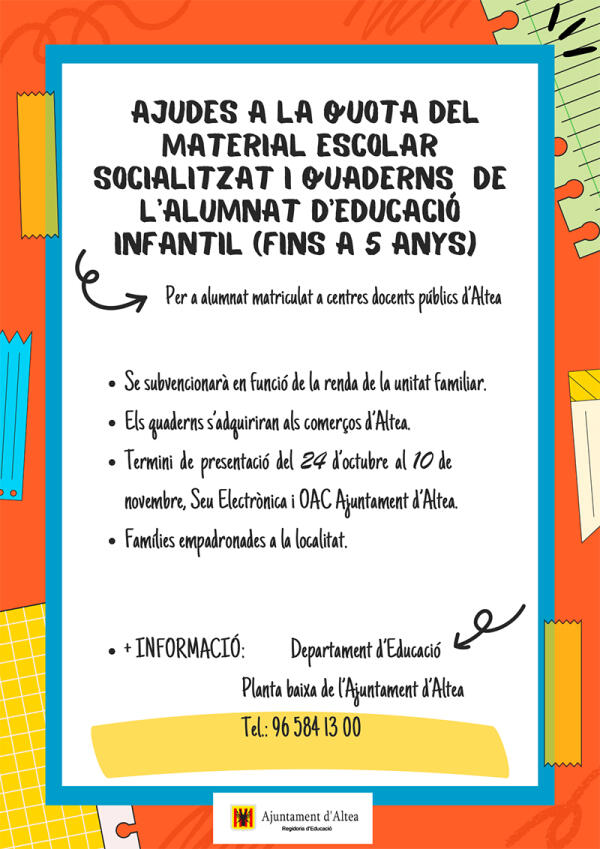 El Ayuntamiento lanza un año más la convocatoria  de ayudas para material escolar socializado y cuadernillos de Infantil