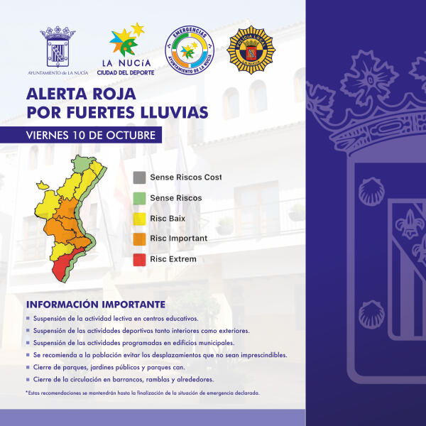 La Nucía por la Alerta Roja cierra edificios públicos, suspende todas las actividades y clases