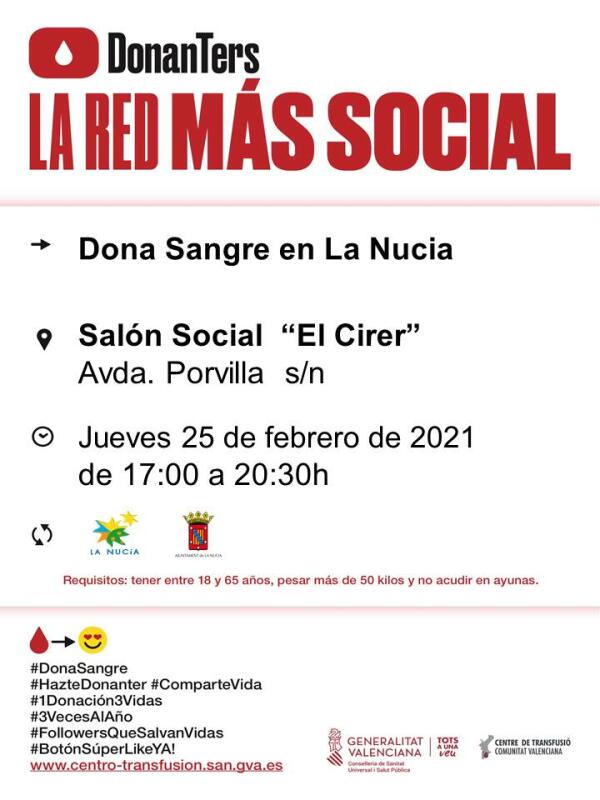 “Donación de Sangre” el 25 de febrero en La Nucía