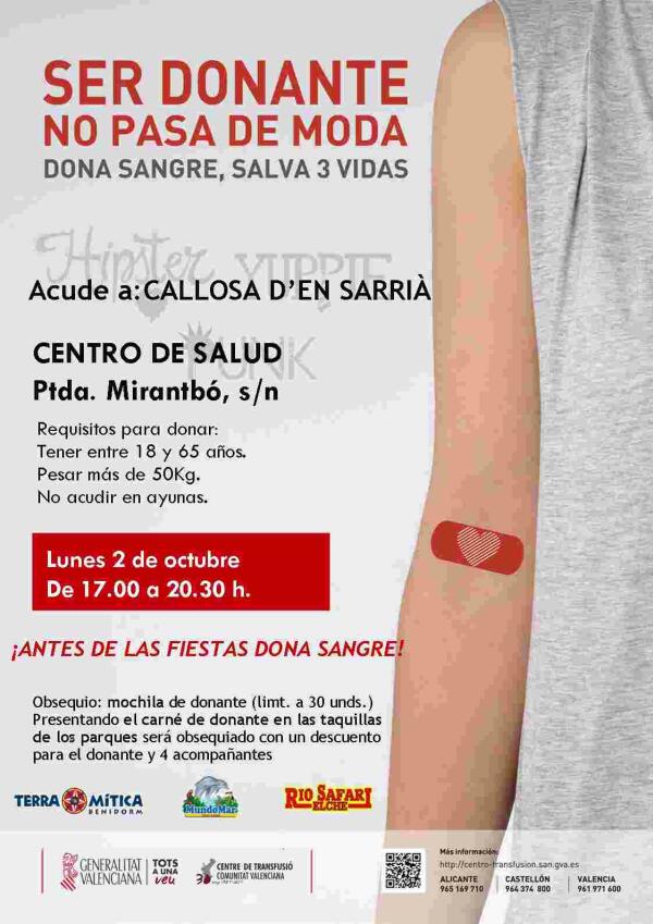 Donaci&oacute;n de Sangre el pr&oacute;ximo 2 de octubre en el Centro de Salud de Callosa d&rsquo;en Sarri&agrave; 