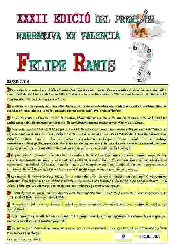 La Vila &middot; Cultura convoca la 22 edici&oacute;n del premio de narrativa en valenciano Felipe Ramis de La Vila Joiosa 