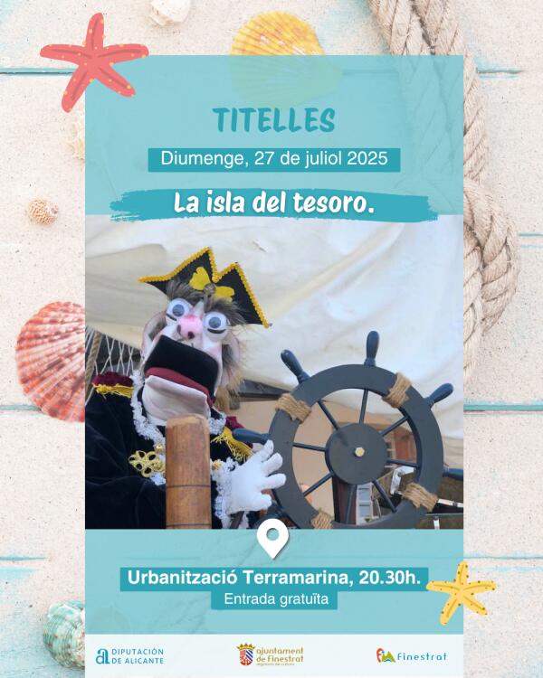“LA ISLA DEL TESORO”, EN TÍTERES, UNA ADAPTACIÓN DEL CLÁSICO DE STEVENSÓN, ESTE DOMINGO 27 DE JULIO, EN TERRA MARINA