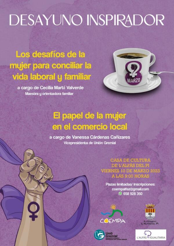 COEMPA organiza un desayuno inspirador este viernes en la Casa de Cultura de l’Alfàs dentro de los actos del 8M 