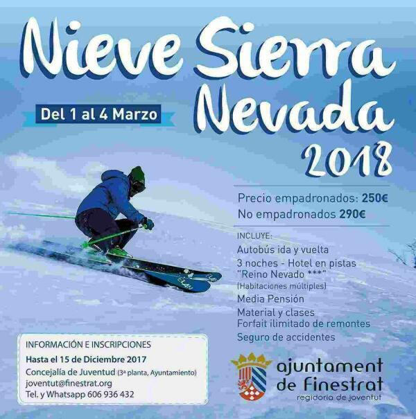 La concejal&iacute;a de juventud de Finestrat organiza una escapada a Sierra Nevada del 1 al 4 de marzo 