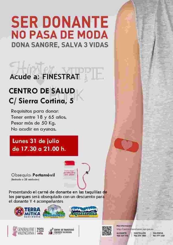 El pr&oacute;ximo lunes se celebra una nueva jornada de donaci&oacute;n de sangre en el consultorio del casco hist&oacute;rico de Finestrat