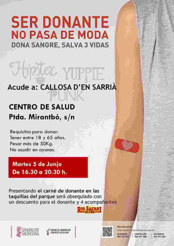  Donaci&oacute;n de Sangre el pr&oacute;ximo 5 de junio en el Centro de Salud de Callosa d&rsquo;en Sarri&agrave;