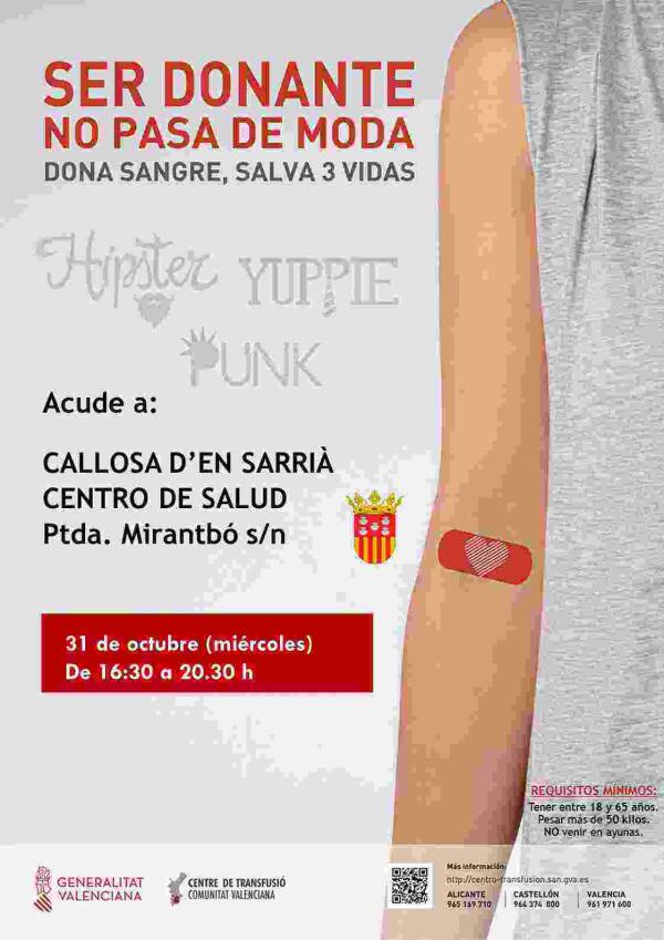  Donaci&oacute;n de Sangre el pr&oacute;ximo 31 de octubre en el Centro de Salud de Callosa d&rsquo;en Sarri&agrave;