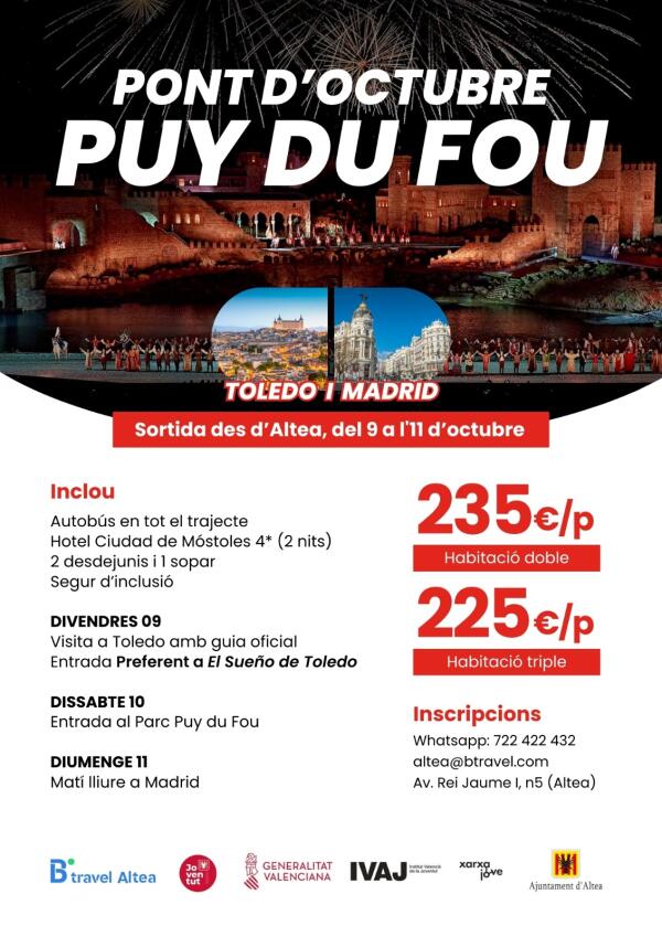 Juventud organiza un viaje cultural a Toledo, Puy du Fou Espanya y Madrid durante el puente de  octubre