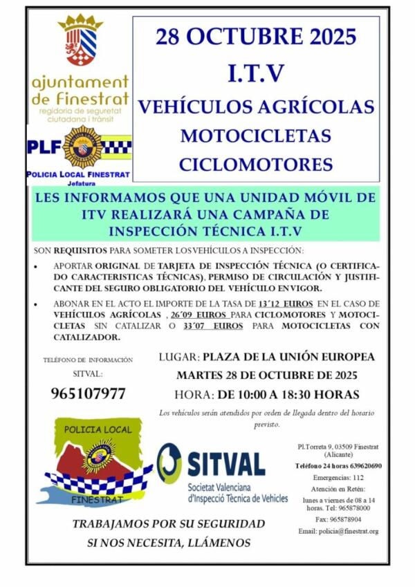 Jornada de ITV móvil el martes 28 de octubre en Finestrat 