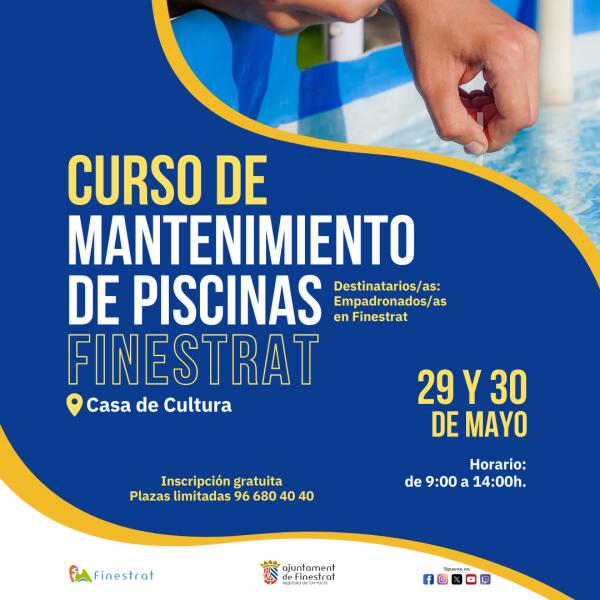 NUEVA CONVOCATORIA DEL CURSO DE MANTENIMIENTO DE PISCINAS PARA LOS DÍAS 29 Y 30 DE MAYO