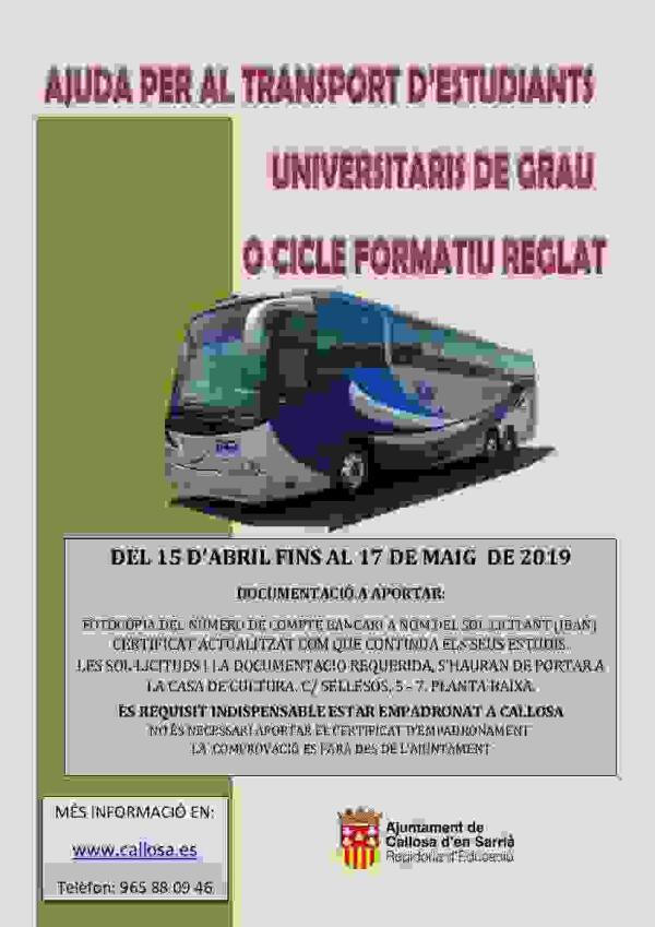 Callosa // El Ayuntamiento convoca ayudas al transporte de estudiantes universitarios y de Ciclos Formativos