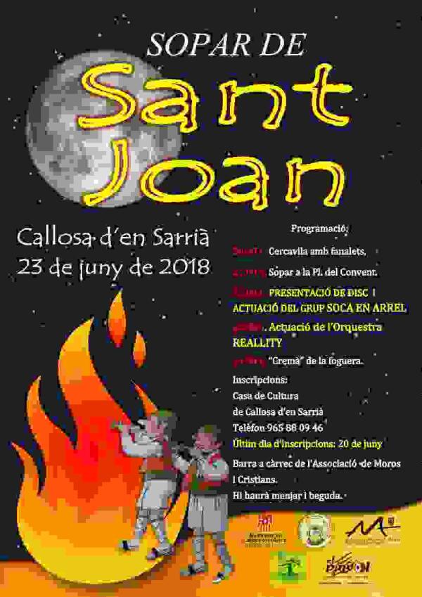 Callosa d&rsquo;en Sarri&agrave; celebra ma&ntilde;ana la noche de San Juan con una cena popular y la actuaci&oacute;n del grupo Soca en Arrel