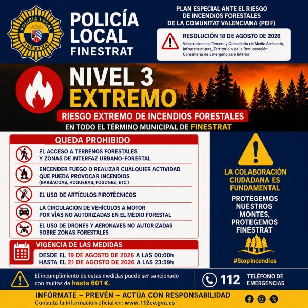 PREEMERGENCIA 3 POR RIESGO EXTREMO DE INCENDIOS FORESTALES del 19 al 21 de agosto.