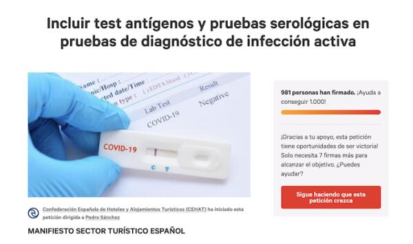 Hosbec se suma a CEHAT en la campaña CHANGE.ORG para impulsar la reactivación del turismo y solicitar al Gobierno la inclusión de los test de antígenos como prueba válida para la detección de COVID-19