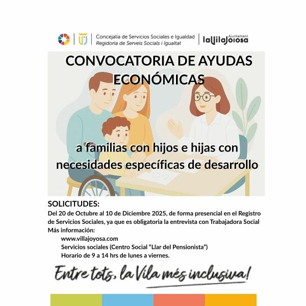 Villajoyosa convoca ayudas para familias con niños entre 0 y 17 años que necesiten tratamientos específicos de estimulación o apoyo al desarrollo 