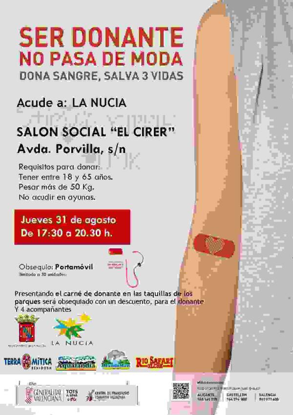 Donaci&oacute;n de sangre el 31 de agosto en el Centro Social el Cirer de La Nuc&iacute;a