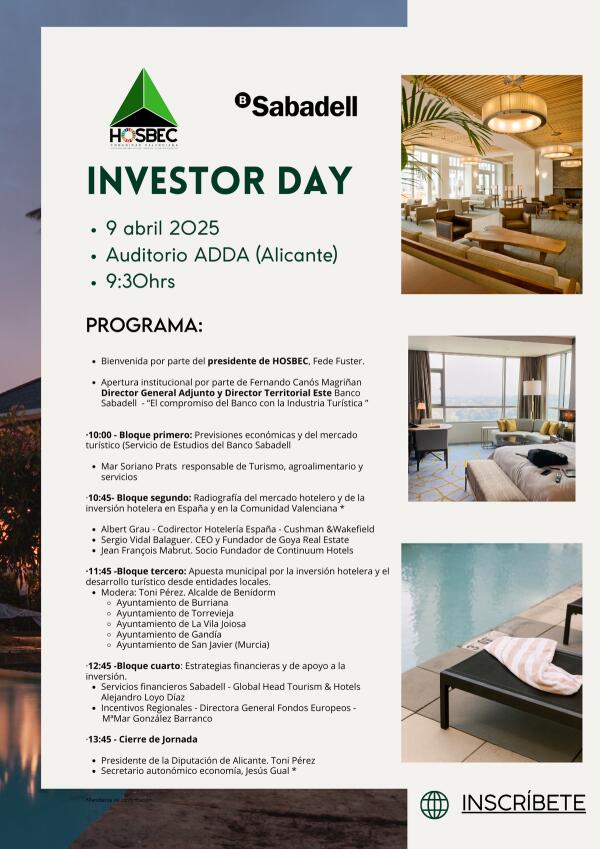 HOSBEC organiza el primer 'Investor Day' para dar a conocer la inversión hotelera en 360º con la colaboración de Sabadell 