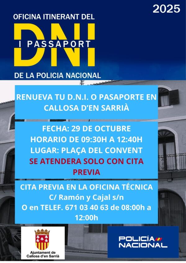 La Oficina Itinerante del DNI visitará Callosa d’en Sarriá  