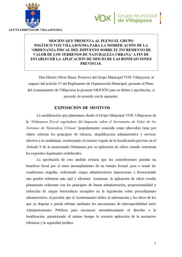 El PSOE de La Vila copia en octubre una moci&oacute;n presentada por VOX en  septiembre