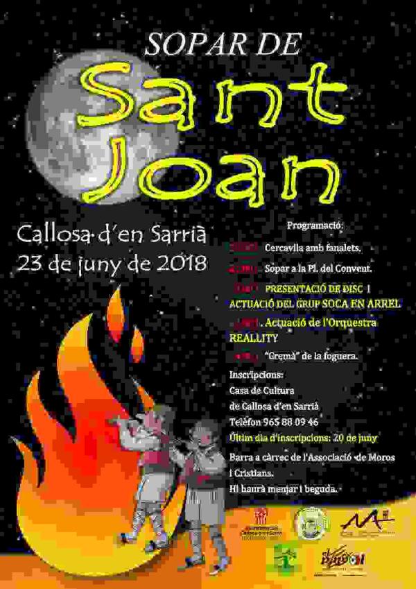 Callosa d&rsquo;en Sarri&agrave; vivir&aacute; la noche de San Juan con una cena popular y la actuaci&oacute;n del grupo Soca en Arrel