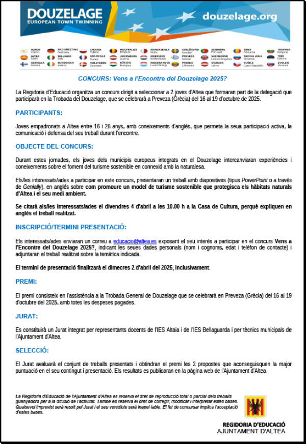 Educació convoca una nova edició del concurs “Vens a l’Encontre del Douzelage 2025?” 