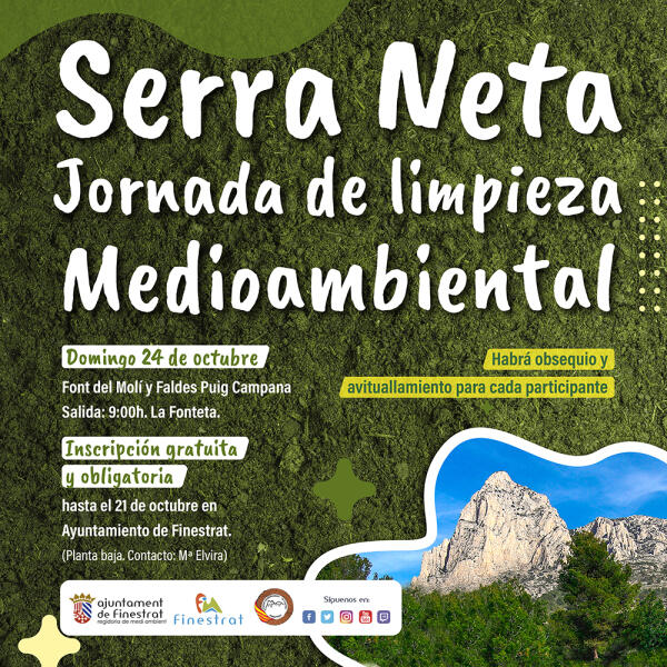 ÚLTIMOS DÍAS DE INSCRIPCIÓN A LA JORNADA DE LIMPIEZA MEDIOAMBIENTAL “SERRA NETA” QUE SE CELEBRA ESTE DOMINGO 24 POR LAS FALDAS DEL PUIG CAMPANA 