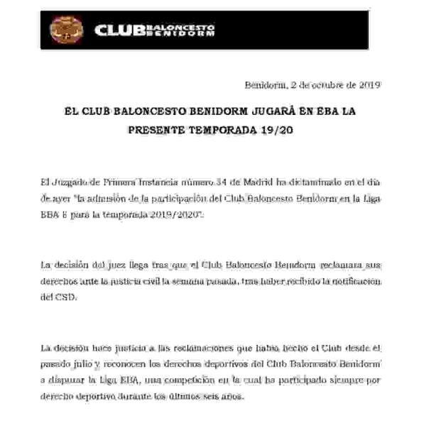 El Club Baloncesto Benidorm jugará en EBA