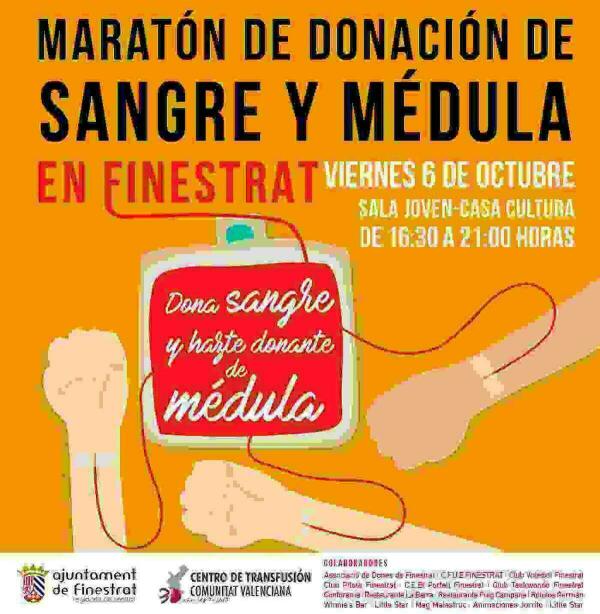 Finestrat celebra una marat&oacute;n de donaci&oacute;n de sangre y de m&eacute;dula el viernes 6 de octubre en la Pla&ccedil;a de la Uni&oacute; Europea 