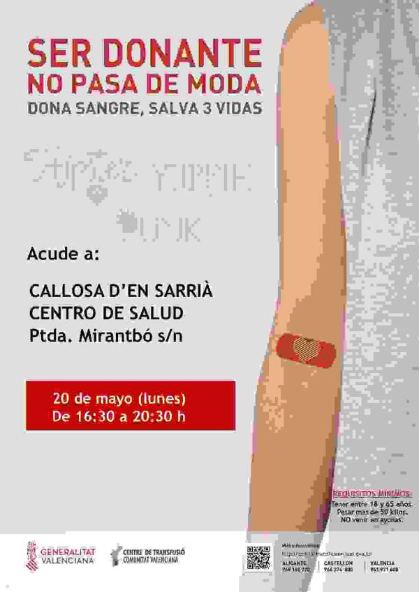 Donación de Sangre el próximo 20 de mayo en el Centro de Salud de Callosa d’en Sarrià