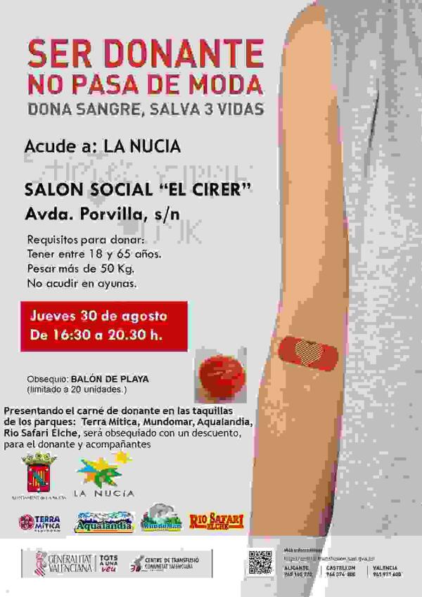 La Nuc&iacute;a &middot; Donaci&oacute;n de Sangre el 30 de agosto en el sal&oacute;n social &ldquo;el Cirer&rdquo; 