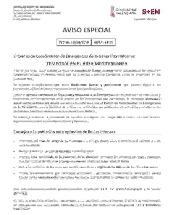 El servicio de Emergencias de la Comunidad Valenciana recuerda las previsiones para la DANA