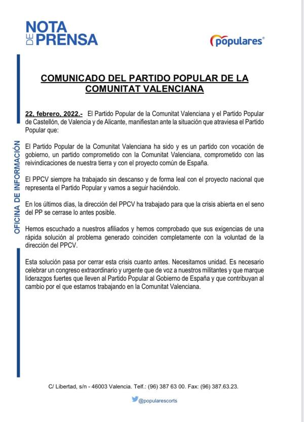 El Partido Popular Comunitat Valenciana emite un comunicado