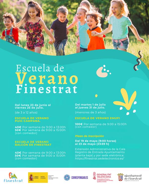 EL LUNES 19 DE MAYO FINESTRAT ABRE PLAZO DE INSCRIPCIÓN PARA LAS ESCUELAS MUNICIPALES DE VERANO  