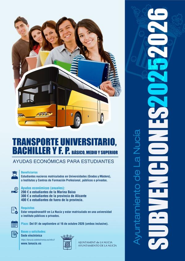 La Nuc&iacute;a abre plazo de la subvenci&oacute;n &ldquo;Transporte a Estudiantes 25-26&rdquo; el 1 de septiembre 