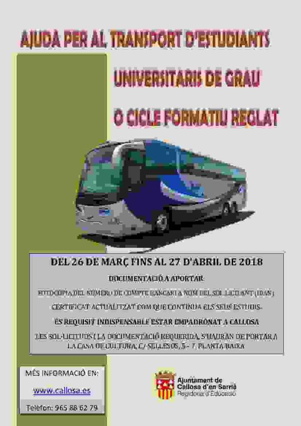   Callosa &middot; Este viernes finaliza el plazo para solicitar ayudas municipales al transporte de estudiantes universitarios y Ciclos Formativos 