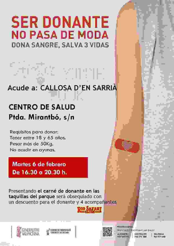 Donaci&oacute;n de Sangre el pr&oacute;ximo 6 de febrero en el Centro de Salud de Callosa d&rsquo;en Sarri&agrave;